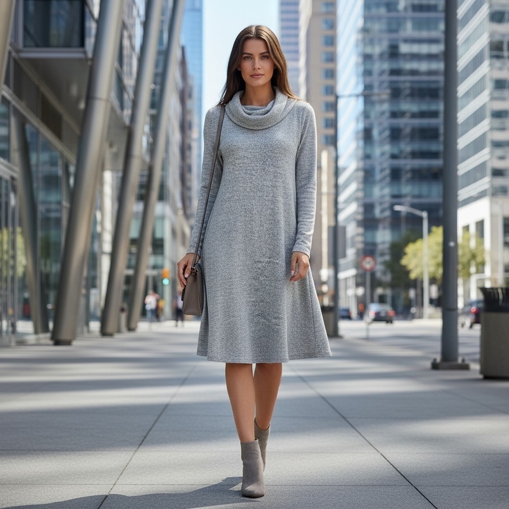 🌻NEW w/tag LOFT Heathered Gray Cowl Neck Super Soft Knit Shift Dress Size M